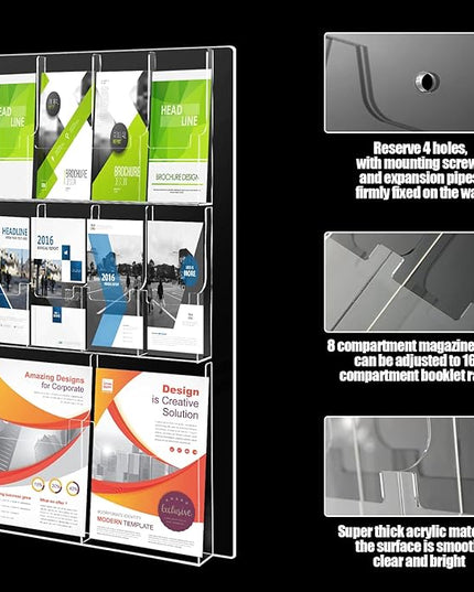 Weysat Acrylic Brochure Holder Wall Mount, Clear Plastic Pamphlet Holder Magazine Display Trifold Flyer Rack Hanging Literature Storage Organizer(2 Magazine Pockets, 8 Pamphlet Pockets)