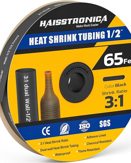 haisstronica 3:1 Heat Shrink Tubing, Shrink Ratio Adhesive Lined Marine Grade Heat Shrink Tube for Home, Automotive and Industrial (Black) 65FT 1/2inch