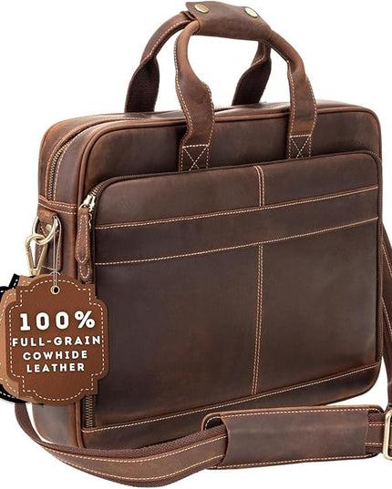 Luxorro Full-Grain Leather Briefcase for Men - Laptop Bag with Leather Computer Compartment