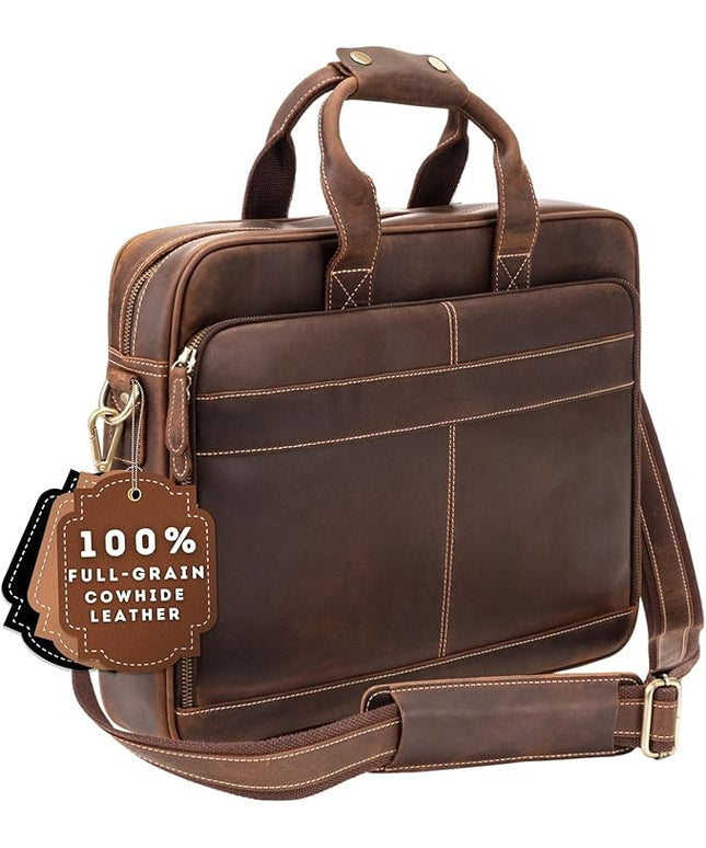 Luxorro Full-Grain Leather Briefcase for Men - Laptop Bag with Leather Computer Compartment