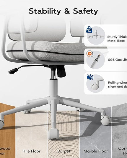 Fabric Office Chair with Granular Linen, Mid Back Vintage Desk Chair with Wheels and Wide Arms, Mid Century Modern Home Office Desk Chairs with Memory Foam Seat Cushion, Adjustable Height, White
