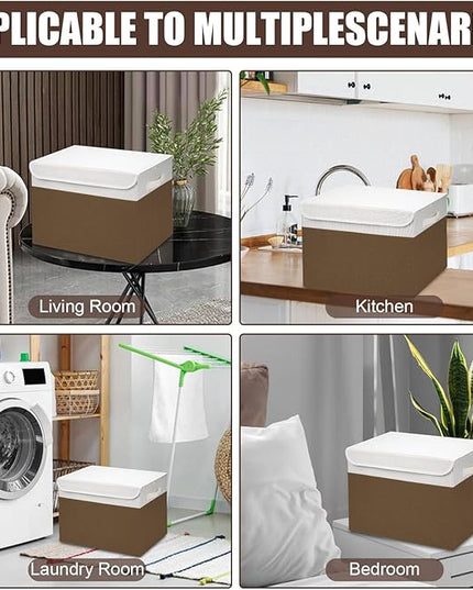 Large 17" 42 Quarts Collapsible Stackable Storage Bins with Lids [3-Pack] Foldable Fabric Linen Storage Boxes Cube, Closet Organizer Baskets with Label for Home (16.7 x 12 x 12", Brown & White)