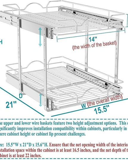 OCG 2 Tier Pull Out Cabinet Organizer (15.5" W x 21" D), Pull Out Drawers for Kitchen Cabinets, Pull Out Shelves for Base Cabinet Organization in Kitchen Bathroom Pantry, Chrome Finish