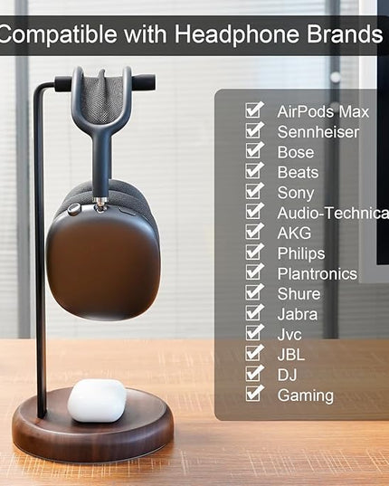 GEVO Headphone Stand for Desk - Walnut Wood & Aluminum Headset Stand, Universal Wooden Gaming Headphone Holder for AirPod Max, Bose, Sony, Razer, Jabra, JBL (Walnut Circular Base)