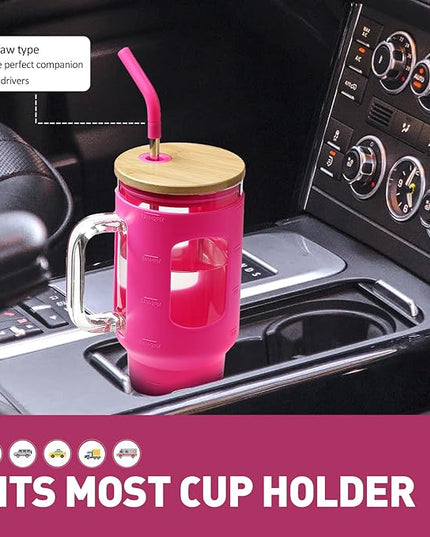 Glass Tumbler with Straw and Lid, 40 oz glass cup with handle, Glass Water Bottles with Time Marker, Silicone Protective Sleeve-Rose Red