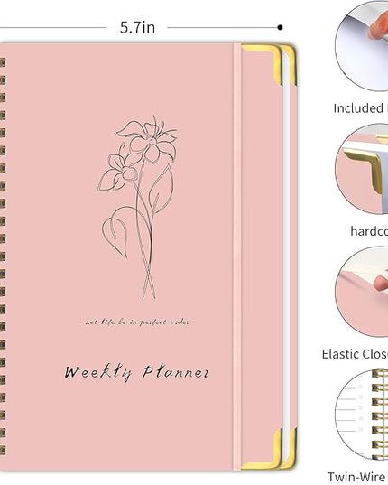 Undated Weekly Planner with Metal Corner Hardcover Notebook , A5 Size Journal with To Do List Planner, Habit Tracker,Weekly Goals for ADHD,Student, Office, Women, Men ,Gifts,6 x 8 inches，Spiral Bindding ,Pink