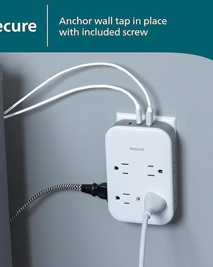 Philips All-in-One Surge Tap with USB, 4 Grounded & 4 Polarized Outlets, 2 USB-C & 1 USB-A Ports, 15W Shared, 1140 Joules, ETL Certified, White/Gray, SPP3155GW/37