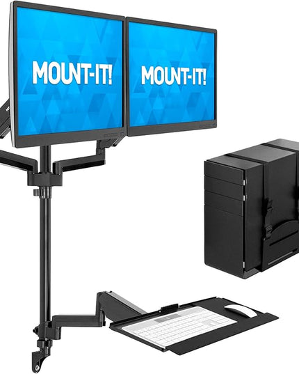 Mount-It! Wall Mount Workstation with Dual Monitor Mount, Keyboard Tray and CPU Holder, Height Adjustable Full Motion Arms, Fits Two 32 Inch Computer Screens