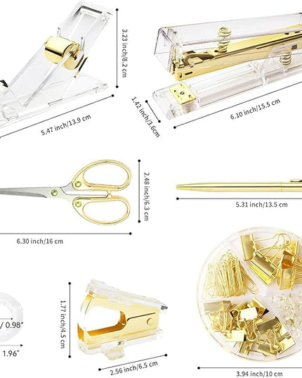 Gold Desk Accessories, Office Supplies Set with Acrylic Stapler, Tape Dispenser, Staple Remover, Pen Holder, Scissor, Binder Paper Clips, 1 Ballpoint Pen, 1 Clear Tape and 1000pcs Staples