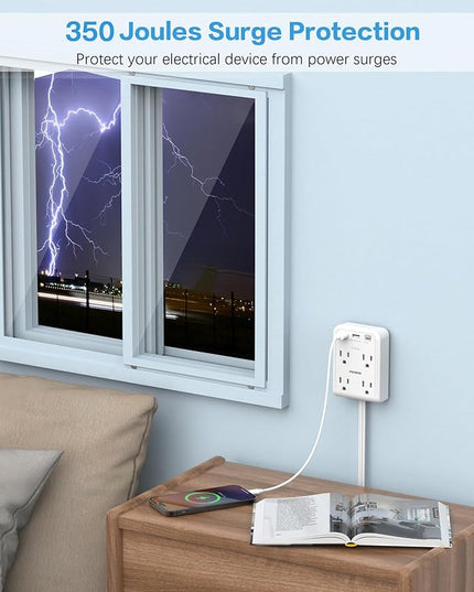 Flat Electrical Outlet Extender with USB C Ports, 4 Outlet 3 USB Wall Plug, 6 ft Thin Extension Cord, Flat Plug Power Strip Surge Protector for Home, Office. White