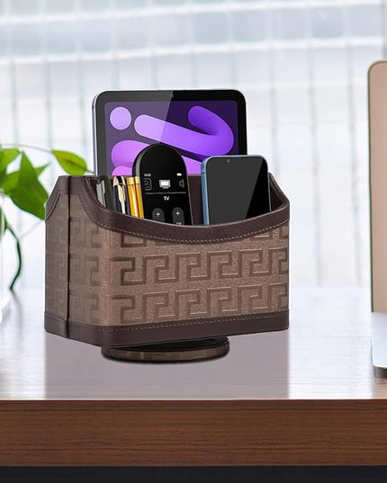 RHCSZ Leather Remote Control Holder 360°Rotatable,Bedside Nightstand Phone Caddy,Office Supplies Storage Box,Desk Organizer for TV Remote Controllers,CD,Pen,Mail,Media Player,Tablets(Coffee Gold)
