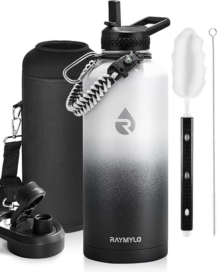 Insulated Water Bottle 87 oz, Triple Wall Vacuum Stainless Steel (Cold for 48 Hrs), Leak Proof & Non-BPA, Modern Water Flask Jug with Paracord Handle & Straw Spout Lids, Ombre: White/Black