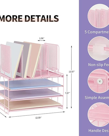 LEKETREE Desk Organizers and Accessories, 3-Tier Paper Organizer with 5 Vertical File Holders, File Organizer for Desk (Pink, 3T)