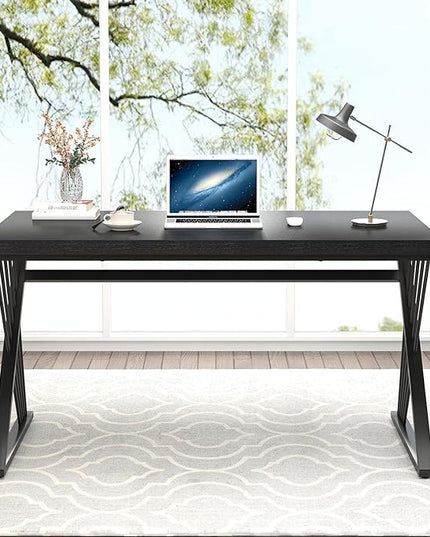 FOLUBAN Black Desk, Modern Wood and Metal Computer Desk for Home Office, Simple Writing Work PC Desks for Bedroom, Industrial Study Gaming Table for Living Room, Black, 53 Inch