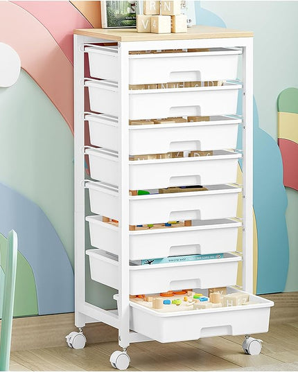 Rolling Cart with Drawers,8 Drawer Rolling Cart,Rolling Drawer Cart,Rolling Storage Drawer Cart,White Rolling Cart,Utility Cart with Drawers and Wooden Tabletop