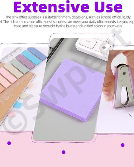 Swpeet 9Pcs Purple Office Supplies Kit, Desk Accessories Including Stapler, Tape Dispenser, Staple Remover, Tabs, Scissors, Staples, Tape, Clips and Sticky Note Ideal for Office and School