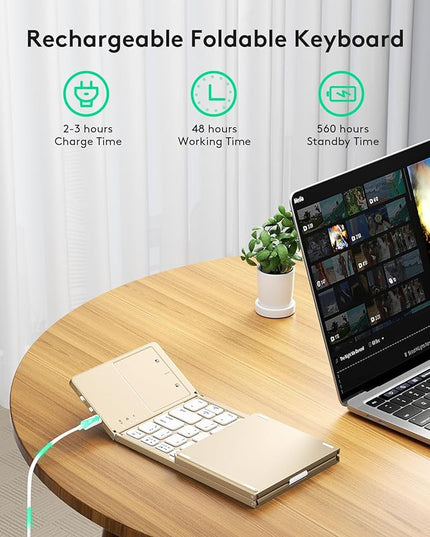 Samsers Foldable Bluetooth Keyboard with Touchpad - Portable Wireless Keyboard with Holder, Rechargeable Full Size Ultra Slim Pocket Folding Keyboards for Android Windows iOS Tablet & Laptop - Gold