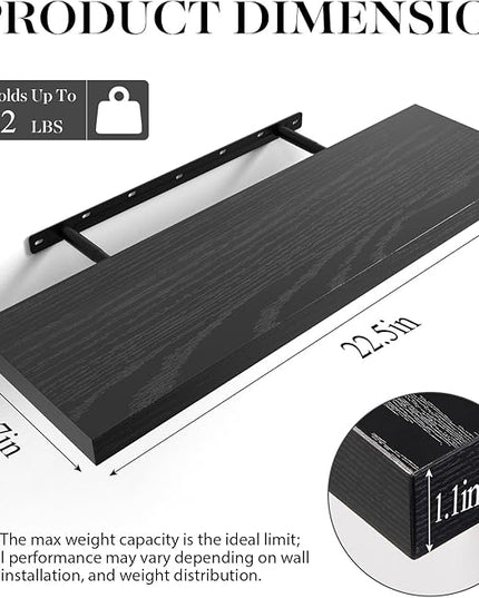 BAYKA Floating Shelves for Wall, 22.5 inches Wall Mounted Rustic Wood Shelves for Bathroom, Bedroom, Living Room, Floating Shelves for Books/Storage/Decor (Black,Set of 3)