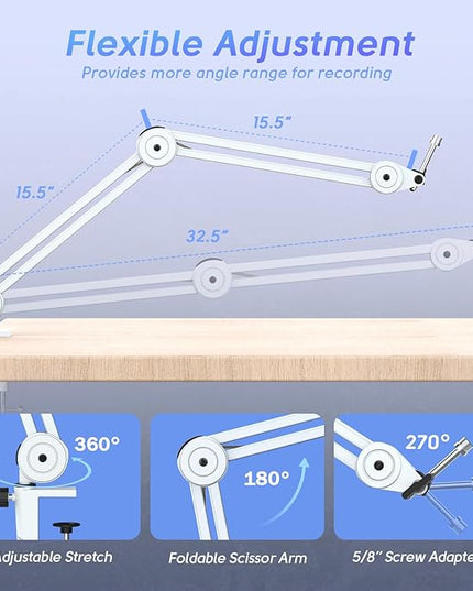 FIFINE Microphone Boom Arm Stand, Metal Heavy Duty Mic Stand, Scissor Suspension Adjustable Boom Arm for Podcast Recording Streaming Gaming, with Desk Clamp, 5/8" Screw, Cable Ties-BM63 White