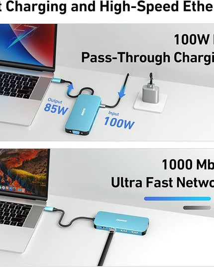 BENFEI 11-in-1 USB C Hub Triple Display Docking Station Dual HDMI, VGA, 3*USB 3.0, 1Gbps Ethernet, 100W Power Delivery, SD/TF Card Reader, 3.5mm AUX Audio Compatible with MacBook XPS Surface