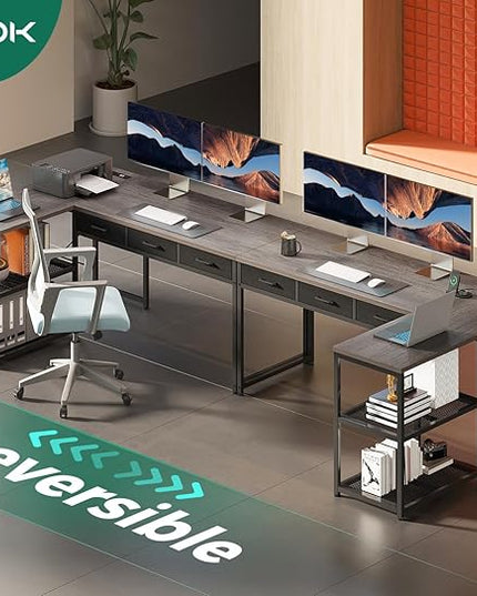 AODK 53 Inch L Shaped Computer Desk with Drawers, Corner Desk with Power Outlets & Reversible Storage Shelves, for Home Office Gaming, Oak Grey