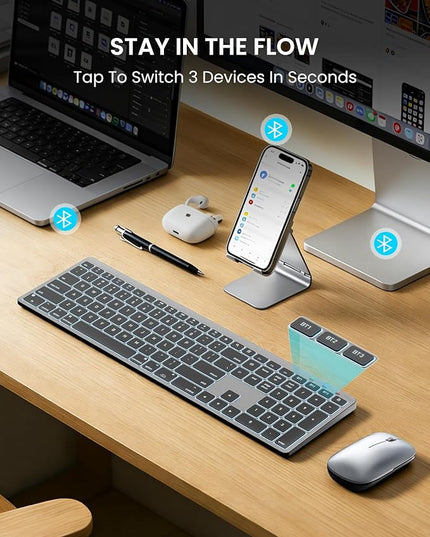 SABLUTE Bluetooth Keyboard and Mouse for Mac — 7-Color Backlit, Multi-Device, Rechargeable, Full-Size Wireless Keyboard Mouse Combo with Quiet Scissor-Switch Keys & Tilt Legs for Mac (Space Gray)