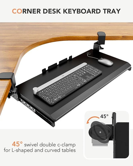 Hemudu Keyboard Tray Under Desk Pull Out with Extra Sturdy C Clamp Mount System, 27.3 (32.5 inch Including Clamps) x 11 Inch Slide-Out Platform Computer Drawer for Typing Black