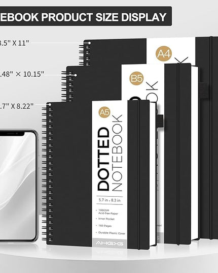 AHGXG Bullet Dotted Journal - Dot Grid Spiral Notebook 8.5" x 11", A4 Large Dotted Notebook, 100 GSM Thick Paper, Waterproof Plastic Cover Journals for Bullet Journaling, Sketching, Black