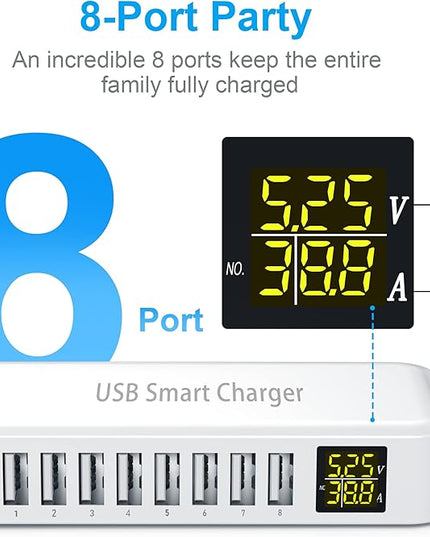 USB Charging Station, Ziwodiv 8-Port 60W/12A Charger Station, Multi Ports USB-A Charging Hub with LED Display, Compact Desktop Charger for Multiple Devices, iPhone iPad Samsung Android and Tablet