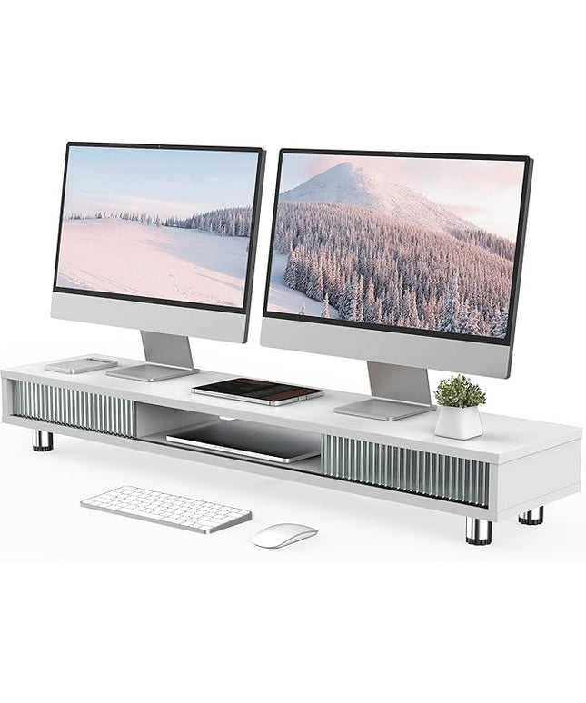 Fenge Dual Monitor Stand, 42.5inch Long Monitor Stands Riser for 2 Monitors, Sliding Door with Storage Organizer Stand for Desk, 2 Tier Desk Shelf for Laptop, Pc, Printer, Computer, TV