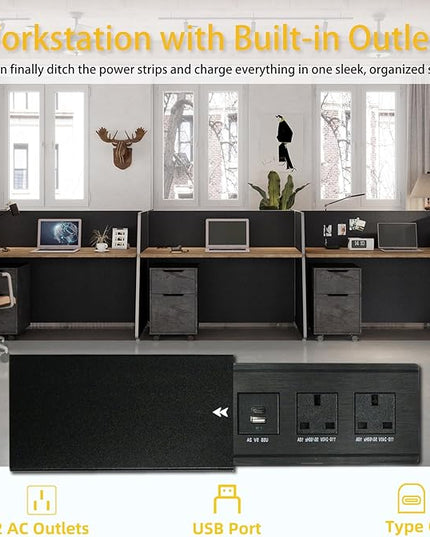 2-Person Modular Cubicle Workstation with Privacy Panels & Built-in Power & USB | Includes Mobile Drawer Cabinets | Space-Saving Layout for Startups & Modern Offices (Black, 1 desk for 2 person)