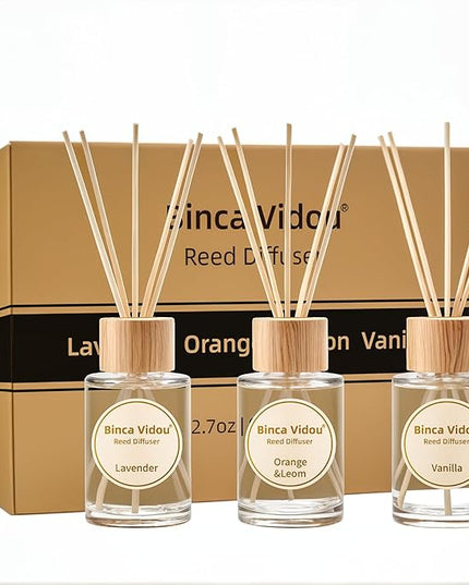 Reed Diffuser Set, Binca Vidou Lavender Vanilla Orange & Lemon Natural Scent Oil Diffusers with Sticks for Home Office Bathroom Aromatherapy Decor 2.7oz x 3