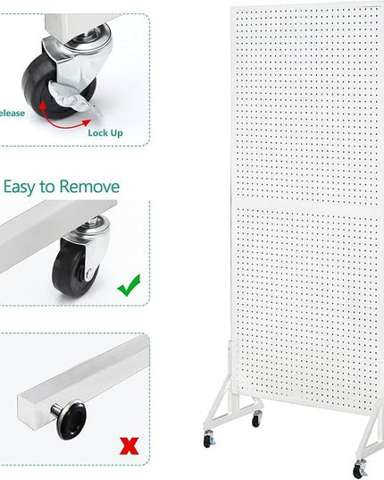 Eastern Tree 2.5'x 6' Metal Pegboard Display Stand with T-Base, Peg Board Panels Display with Casters, Standing Pegboard Display, Retail Display Stand, Extra 10 Pieces Hooks, White