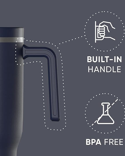 Hydrapeak Voyager 40 Oz Stainless Steel Tumbler with Handle, Insulated Water Bottle With Straw & Lid, Cupholder Friendly Reusable Travel Mug (Navy)