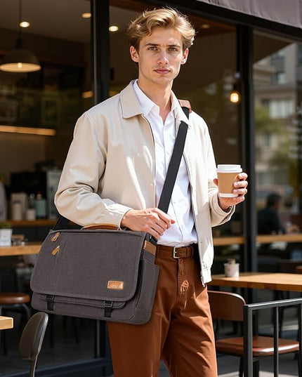 ESTARER Men Messenger Bag 17-17.3 Inch Laptop Bag Water-resistant Canvas Computer Shoulder Bag Briefcase for Work College Travel, Grey
