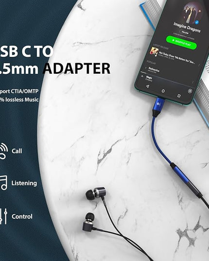 Stouchi USB C to 3.5mm Dongle Adapter, Type C Headphone Audio Jack Cable Cord Hi-Fi DAC Chip for iPhone 17/16 /15, Pixel 9/8 /7/6, iPad, Samsung Galaxy S25 S24 S23 Ultra (1, Blue, 0.38ft*1)