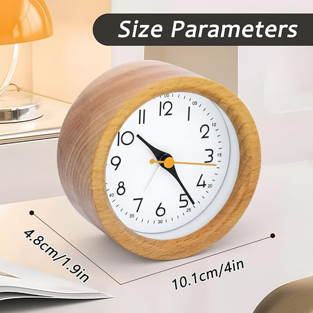 Oxmidud 4'' Natural Wooden Analog Alarm Clock with Soft Night Light - Battery Operated Non-Ticking Silent Tabletop Minimalist Desk & Bedside Clock for Bedrooms Living Room Home Office Decor