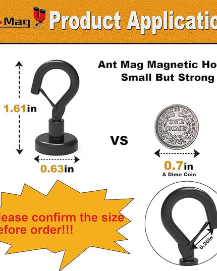 Ant Mag Black Magnetic Hooks Heavy Duty with Snap 22lbs Strong Magnet Hooks Great Hanging for Refrigerator, Cruise Cabin, Grill, Wreath,Kitchen,Office 8 Pack