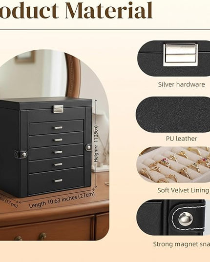 BOOVO Jewelry Box For women, 6 Layer Large Jewelry Organizer With Mirror, Multi-Function Storage Box With Lock, Necklace Holder With 5 Drawers, For Earrings Necklace Bracelet (Silver and Black)