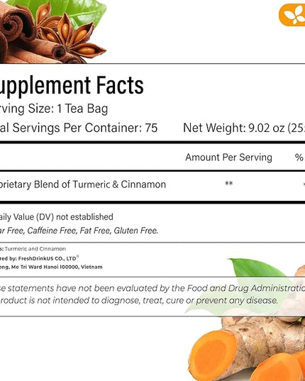 FreshDrinkUS, Premium 135 Turmeric Cinnamon Tea Bags, 100% Natural, Blend of Turmeric, and Cinnamon. Made with Natural Material Tea Bags. No Sugar. No Caffeine. Vegan.