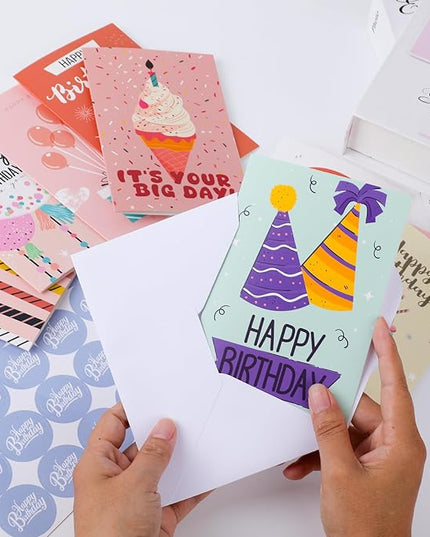 FUHITIM Birthday Cards,25 Pcs Blank Cards with Envelopes & Stickers,25 Design,4x6 Inches Happy Birthday Card,Birthday Card for Kids,Friends,Family and Colleagues