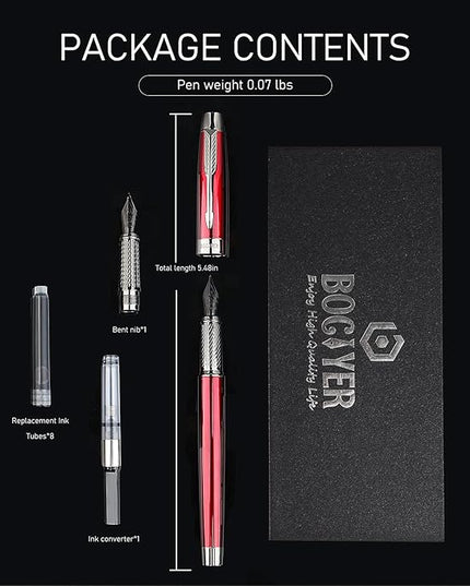 BOCIYER Fountain Pen with Fine Nib & Black Ink, Refillable & Elegant Bent Nib Design, Calligraphy Pens for Writing, Best Fountain Pen for Smooth & Fancy Writing (Red)
