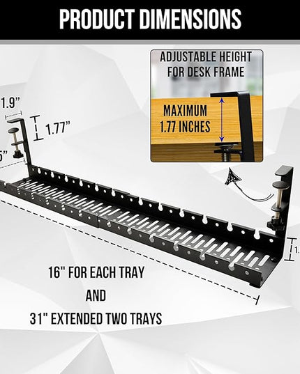 No Drill Under Desk Cable Management Tray - Extendable 16" to 31" Sturdy Steel Desk Cord Hider Raceway - Under Desk Cable Tray Holder with 38 Wire & Cable Rack Organizer Accessories - Black