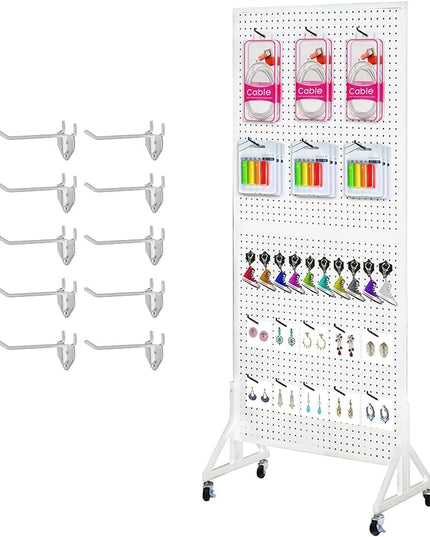 Eastern Tree 2.5'x 6' Metal Pegboard Display Stand with T-Base, Peg Board Panels Display with Casters, Standing Pegboard Display, Retail Display Stand, Extra 10 Pieces Hooks, White