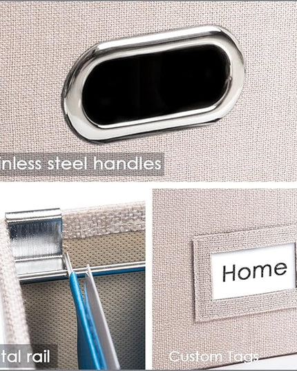 PRANDOM File Organizer Box - Set of 2 Collapsible Decorative Linen Filing Storage Hanging File Folders with Lids Office Cabinet Letter Size Light Grey (14x9.3x10.8 inch)