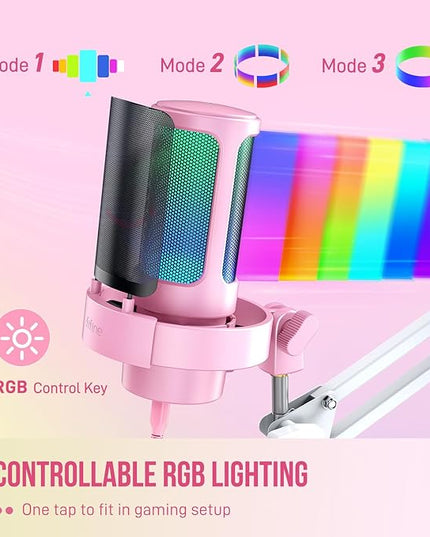 FIFINE USB Streaming Microphone with Boom Arm, Gaming Mic Kit for PC PS4/PS5, Podcast Microphone for Podcast with RGB Control, Mute Button, Gain Knob, Headphones Jack, Pop Filter-A8T Pink