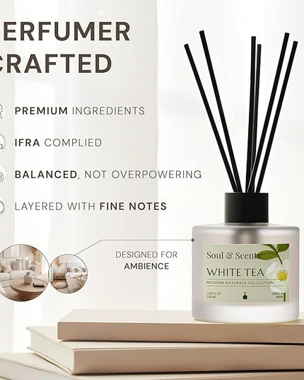 Soul & Scents Reed Diffuser Set – White Tea | 7.43 oz Refillable Scented Oil with 6 Fiber Sticks | Long-Lasting Home Fragrance & Air Freshener for Bedroom, Bathroom, Office | Gift & Décor Piece