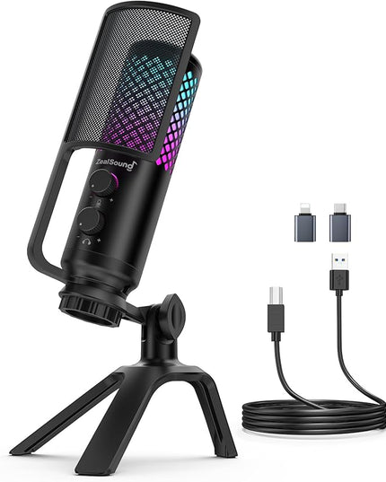 ZealSound Podcast Microphone for PC/Mac/iPhone/Phone – 96kHz/24bit USB Condenser Mic with Noise Reduction, Tap-to-Mute, Gain Control, Zero-Latency Monitor, RGB Light for Streaming, Gaming, Recording