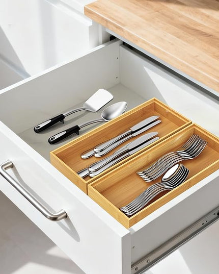 Bamboo Drawer Organizer, Stackable Utensil Trays for Kitchen, Wood Silverware Organizer for Drawer, Set of 2-15"x6"x2"