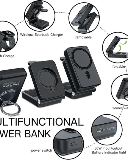 HUOTO 3 in 1 Foldable Magnetic Wireless for iPhone Charging Station,10000mAh Portable Charger Power Bank with Stand for MagSafe Battery Pack for iPhone 17/16/15/14/13/12 Series/Apple Watch/Air pods